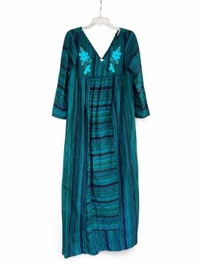 Vintage Women's Teal & Navy Striped Maxi Dress with Embroidered Detail